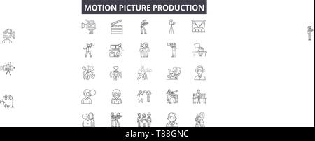 Motion picture Production Line Symbole, Zeichen, Vektor, Entwurfskonzept, lineare Abbildung Stock Vektor