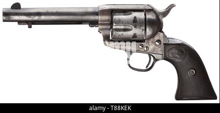 Ein Colt SAA "Frontier Six Shooter 'Cal., Nr. 44-40. 143553. Glatte 5 1/2" "Barrel, auf die Adresse des Unternehmens, eingeschrieben auf der linken Seite mit "Colt Frontier Six Shooter". Unter dem Fass und am Zylinderkopf Englisch Nachweis Mark, auf der linken Seite des Rahmens patent Daten, das Laden der Klappe mit einem Stempel "556". Der Zylinder sowie die Rahmen mit Resten der Blaufärbung, die Rahmen mit Spuren der Farbe Einsatzhärten. Schwarze Hartgummi grip Panels mit der Colt Emblem, der linke Griff panel zerrissen auf der unteren linken Seite. Laut Hersteller diese Waffe d war, Additional-Rights - Clearance-Info - Not-Available Stockfoto