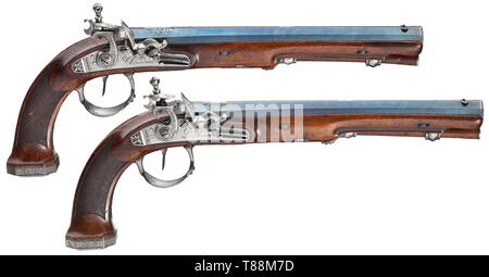 Ein Cased Paar flintlock Pistolen, Prochaska, Chrudim / Böhmen, datiert 1824 leicht überfordert und gebläuten achteckigen Fässer mit Patent breechblocks und Microgroove rifling in 13-mm-Kaliber. Verzahnt und doppelt klappbar vorne Sehenswürdigkeiten Sehenswürdigkeiten. Auf der Oberseite der Fässer Silber - mit Intarsien Trophäen und Signatur" Prochaska' und 'Chrudim', beziehungsweise. Platin gesäumten Luftlöcher, die sicherungsnasen nummeriert '1' und '2'. Cut flintlocks in Boutet Stil mit regendicht Pfannen und graviert, wiederholte Signatur. Jeweils mit einzelnen Satz auslösen. Walnuss Bestände mit beautifu, Additional-Rights - Clearance-Info - Not-Available Stockfoto