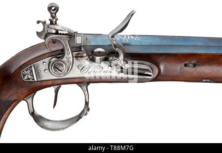 Ein Cased Paar flintlock Pistolen, Prochaska, Chrudim / Böhmen, datiert 1824 leicht überfordert und gebläuten achteckigen Fässer mit Patent breechblocks und Microgroove rifling in 13-mm-Kaliber. Verzahnt und doppelt klappbar vorne Sehenswürdigkeiten Sehenswürdigkeiten. Auf der Oberseite der Fässer Silber - mit Intarsien Trophäen und Signatur" Prochaska' und 'Chrudim', beziehungsweise. Platin gesäumten Luftlöcher, die sicherungsnasen nummeriert '1' und '2'. Cut flintlocks in Boutet Stil mit regendicht Pfannen und graviert, wiederholte Signatur. Jeweils mit einzelnen Satz auslösen. Walnuss Bestände mit beautifu, Additional-Rights - Clearance-Info - Not-Available Stockfoto