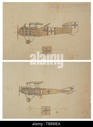 Ernst Udet - zwölf Zeichnungen von deutschen Militärflugzeuge des 1. Weltkriegs Aviatik (Berg) D.I. Bomber des österreichisch-ungarischen Flying Corps 1917. Rumpler C IV. Bomber der Kaiserlichen Flying Corps. Gotha G.V. Bomber der Kaiserlichen Flying Corps 1918. Halberstadt C.L. II der Kaiserlichen Flying Corps 1918. Fokker F.V. der Kaiserlichen Flying Corps 1918. Pfalz D.XII der Kaiserlichen Flying Corps 1918. Siemens Schuckert D III der Kaiserlichen Flying Corps. Fighter Squadron 4, Metz 1918 (udet der persönlichen Ebene mit der Inschrift "LO!" Für, Editorial-Use - Nur Stockfoto