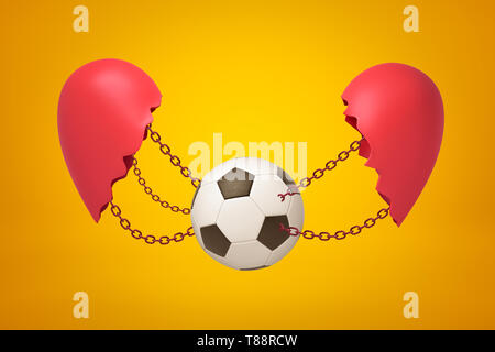 3D-Rendering von Fußball-Ball verkettete zwischen zwei roten gebrochenes Herz stücke auf gelbem Hintergrund Stockfoto