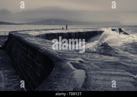 Die Wellen schlagen auf die Sea Wall der Cobb, Lyme Regis Stockfoto