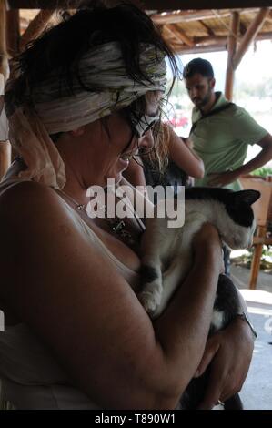 Piebald wilde Katze von Frau in Chania, Kreta, gestreichelt Stockfoto