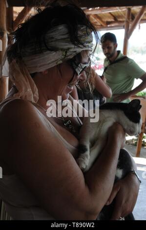 Piebald wilde Katze von Frau in Chania, Kreta, gestreichelt Stockfoto