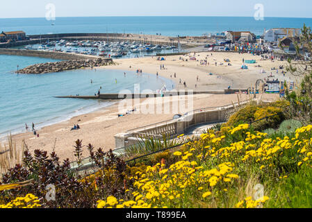 Lyme Regis, Dorset, Großbritannien. 12. Mai 2019. UK Wetter: Besucher und Strandurlauber genießen Sie den malerischen Strand im Badeort von Lyme Regis an einem heißen und sonnigen Sonntag. Die Temperaturen sind mit Höhen von 25 Grad Celsius Prognose für die kommende Woche zu erheben. Credit: Celia McMahon/Alamy Leben Nachrichten. Stockfoto