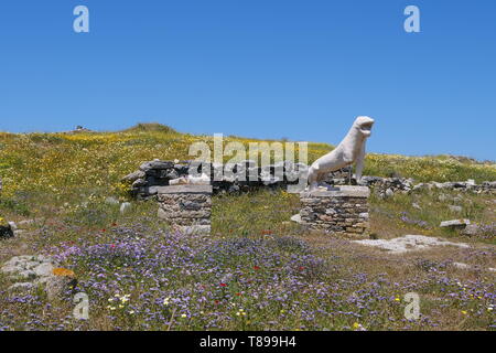 Delos. 3. Mai, 2019. Foto am 3. Mai 2019 zeigt die Landschaft von Delos, Griechenland. Delos, einmal in der boomenden Handelsplatz in der Mitte der Ägäis in der Nähe von Mykonos, ist ein UNESCO Weltkulturerbe mit einer Geschichte von 5000 Jahren. Delos ist in der Griechischen Mythologie als die Heilige Geburtsort von Zwillinge Apollo, der Gott des Lichtes, und Artemis, Göttin der Jagd verehrt. Credit: Li Xiaopeng/Xinhua/Alamy leben Nachrichten Stockfoto