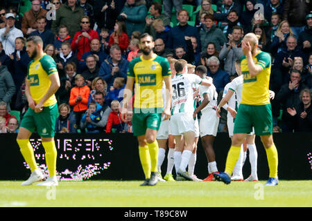 GRONINGEN, 12-05-2019, Stadion Hitachi Kapitalmobilität Stadion, Saison 2018 / 2019, der niederländischen Eredivisie, FC Groningen feiern das 1:0 beim Spiel FC Groningen - Fortuna Sittard. Stockfoto