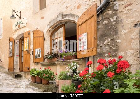 Frankreich, Alpes de Haute Provence, Simiane la Rotonde, Eingang des Restaurant La Palette Stockfoto