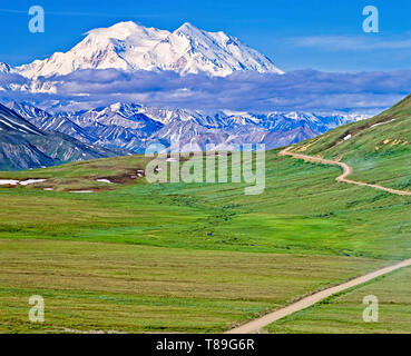 Denali, Mount McKinley und Thorofare Pass von der steinigen Hügel blicken im späten Frühjahr gesehen, Denali National Park, Alaska, USA 1994 Fuji Velvia Stockfoto