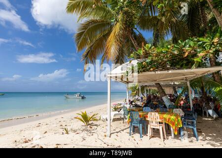 Frankreich, Guadeloupe, Marie Galante, Saint Louis, Anse Canot, am Strand die Stühle und Tische des Restaurants sind im Schatten eines Zeltes installiert Stockfoto