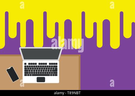 Obere Ansicht Büro Arbeitsplatz Laptop Lügen Holzschreibtisch smartphone Seite Design Business Konzept leere Raum modernen abstrakten Hintergrund Stock Vektor