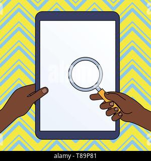Hände, die Lupe gegen Ausgeschaltet Touchscreen Tablet Design Business Konzept leere Raum modernen abstrakten Hintergrund Stock Vektor