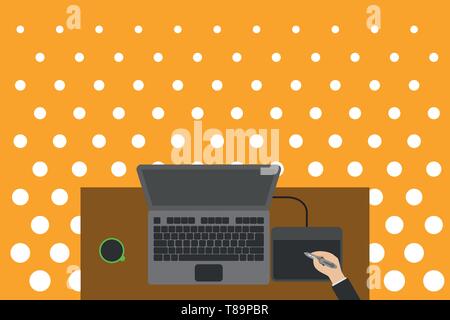 Obere Ansicht laptop hölzernen Schreibtisch Arbeiter Zeichentablett Kaffeetasse Büro. Design Business Konzept leere Vorlage kopieren Raum Text für Anzeige Web site isoliert Stock Vektor