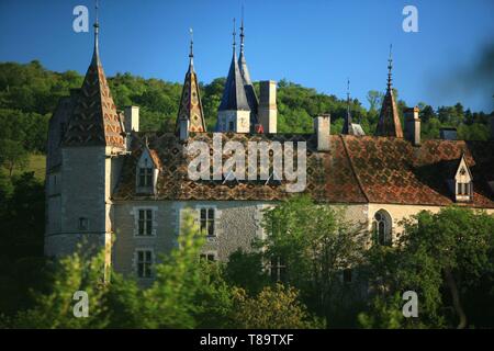 Frankreich, Cote d'Or, Kulturlandschaft von Klimazonen von Burgund als Weltkulturerbe von der UNESCO, Dijon, das Chateau de La Rochepot und die Verglasten Ziegeldächern aufgeführt Stockfoto