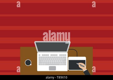Obere Ansicht laptop hölzernen Schreibtisch Arbeiter Zeichentablett Kaffeetasse Büro. Design Business Konzept leere Raum modernen abstrakten Hintergrund Stock Vektor