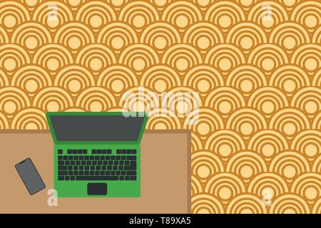 Obere Ansicht Büro Arbeitsplatz Laptop Lügen Holzschreibtisch smartphone Seite Design Business Konzept leeren Text kopieren für Web Banner Werbemittel Stock Vektor