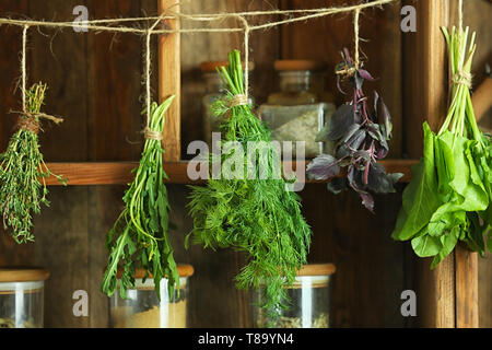 Frische Kräuter hängen an String gegen Holzfachböden Stockfoto