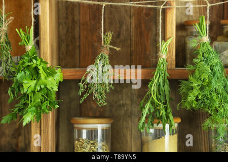 Frische Kräuter hängen an String gegen Holzfachböden Stockfoto