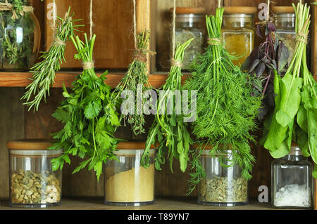 Frische Kräuter hängend auf Strings gegen Holzfachböden Stockfoto