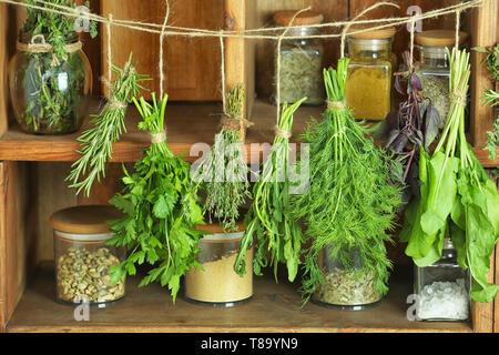 Frische Kräuter hängen an String gegen Holzfachböden Stockfoto