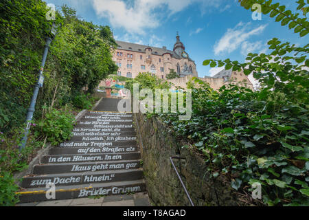 Marburg, Deutschland - 27. August 2017: Marburger Schloss (landgrafenschloss) oben am Schlossberg in der deutschen Stadt Marburg Stockfoto