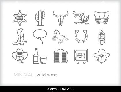 Satz von 15 Wild West Zeile für Symbole von Objekten aus dem Amerikanischen Westen Stock Vektor