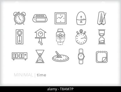 Satz von 15 Zeit und Uhr Zeile für Symbole für die erzählte Zeit oder Alarm einrichten Stock Vektor