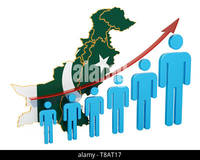 Bewertung der Beschäftigung und der Arbeitslosigkeit oder Mortalität und Fertilität in Pakistan, Konzept. 3D-Rendering auf weißem Hintergrund Stockfoto