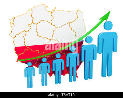 Bewertung der Beschäftigung und der Arbeitslosigkeit oder Mortalität und Fertilität in Polen, Konzept. 3D-Rendering auf weißem Hintergrund Stockfoto