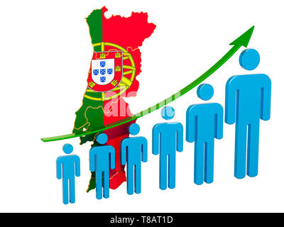Bewertung der Beschäftigung und der Arbeitslosigkeit oder Mortalität und Fertilität in Portugal, Konzept. 3D-Rendering auf weißem Hintergrund Stockfoto