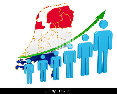 Bewertung der Beschäftigung und der Arbeitslosigkeit oder Mortalität und Fertilität in den Niederlanden, Konzept. 3D-Rendering auf weißem Hintergrund Stockfoto