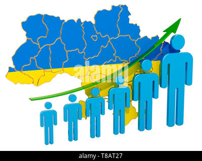 Bewertung der Beschäftigung und der Arbeitslosigkeit oder Mortalität und Fertilität in der Ukraine, Konzept. 3D-Rendering auf weißem Hintergrund Stockfoto