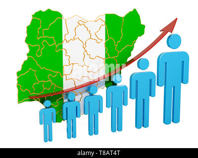 Bewertung der Beschäftigung und der Arbeitslosigkeit oder Mortalität und Fertilität in Nigeria, Konzept. 3D-Rendering auf weißem Hintergrund Stockfoto