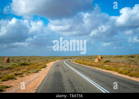 Termitenhügel entlang der leere Straße in Westaustralien in der Nähe von Exmouth vor Sonnenuntergang Stockfoto