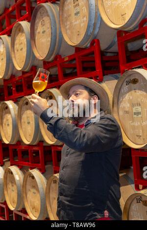 Kanada, Provinz Quebec, Mauricie, Stadt Shawinigan, Le Trou du Diable Brauerei, Beige Reifung Keller verwendet in Holz Fässer, Brauer Louis-Philippe Laroche in voller Verkostung Stockfoto