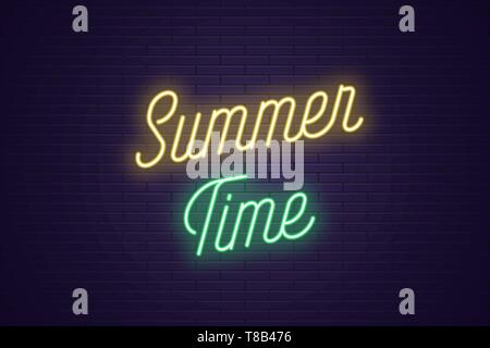Neon-Schriftzug der Sommerzeit. Glühende Schlagzeile, helles Neon kursiver Text von Sommer. Titel Vorlage für Web Banner und Poster. Gelb und Grün c Stock Vektor
