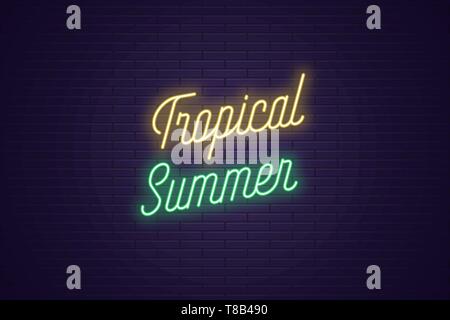 Neon-Schriftzug der tropischen Sommer. Glühende Schlagzeile, helles Neon kursiver Text von tropischen Sommer. Titel Vorlage für Web Banner und Poster. Gelb und Stock Vektor