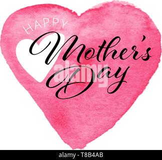 Glückliche Mütter Tag handgezeichneten Schriftzug Karte. Typografie Poster auf dem Hintergrund der Aquarell rosa Herz. Stock Vektor