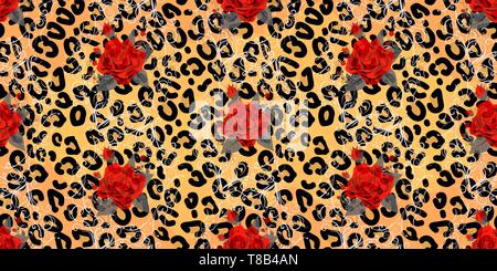 Nahtlose Muster mit Leopardenmuster und rote Rosen. Vector Hintergrund mit Tierhaut und Blume Textur. Für den Druck auf Stoff, Wallpaper, Verpackung Stock Vektor