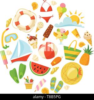 Sommer Design mit Nahrung, Spielzeug, Kleidung und Symbole im Comic-stil. Stock Vektor