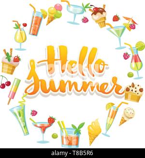 Hallo Sommer Design mit Cocktails und Eis Symbole. Stock Vektor