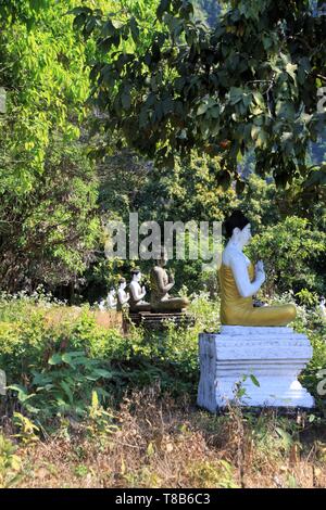 Lumbini Garden, Hpa ein, Myanmar: Blick auf isolierte Park mit unzähligen sitzender Buddha Statuen in einer Reihe zwischen Bäumen Stockfoto