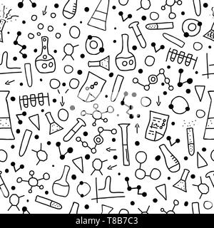 Nahtlose Muster mit Chemie Objekte in doodle Stil. Wissenschaft Forschung Symbole Hintergrund. Vektor Skizze Hintergrund Abbildung. Stock Vektor