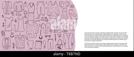 Social Media banner Vorlage mit Frau Kleidung und Accessoires in Doodle style Set. Sammlung der weiblichen Mode Symbole. Vector Illustration. Stock Vektor