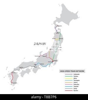 Karte des Hochgeschwindigkeitsbahnnetzes in Japan Stock Vektor