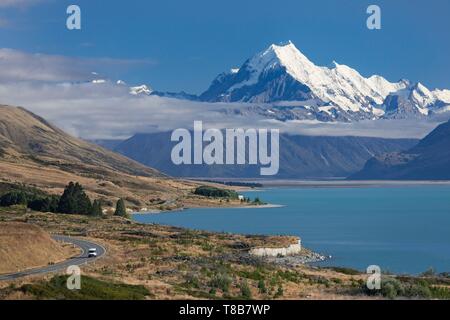 Neuseeland, Südinsel, Region Canterbury, Aoraki Mount Cook, 3724 m, mit der Aufschrift Unesco Weltkulturerbe und Pukaki See, Aoraki Mount Cook Park Stockfoto