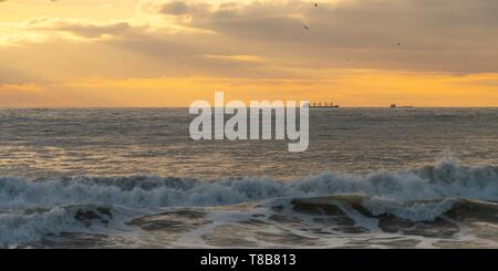 Frankreich, Pas de Calais, Côte d'Opale, Authie Bay, Ambleteuse, Passage von Frachtschiffen und Containerschiffen im Kanal bei Sonnenuntergang Stockfoto