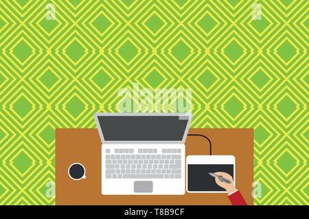 Obere Ansicht laptop hölzernen Schreibtisch Arbeiter Zeichentablett Kaffeetasse Büro. Design Business Konzept leeren Text kopieren für Web Banner Werbemittel mo Stock Vektor
