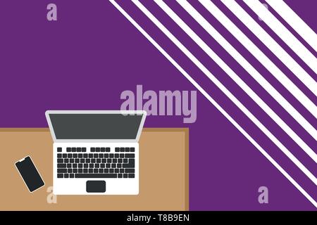 Obere Ansicht Büro Arbeitsplatz Laptop Lügen Holzschreibtisch smartphone Seite Design Business Konzept leeren Text kopieren für Web Banner Werbemittel Stock Vektor